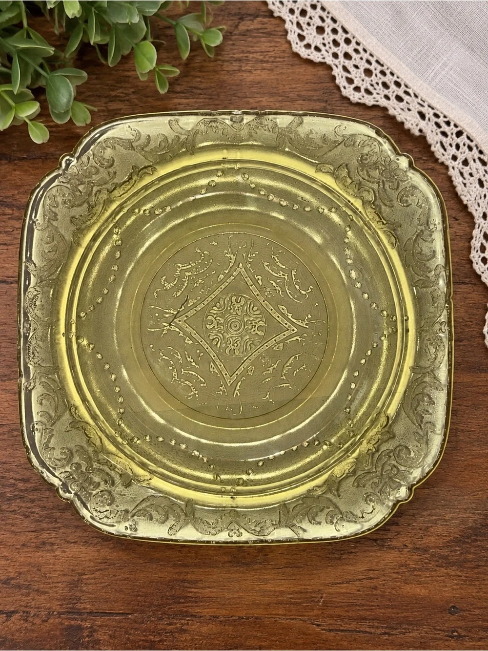 Vintage Amber Glass Dessert Plates Set of 4 Ornate Floral Scroll 6” Square
